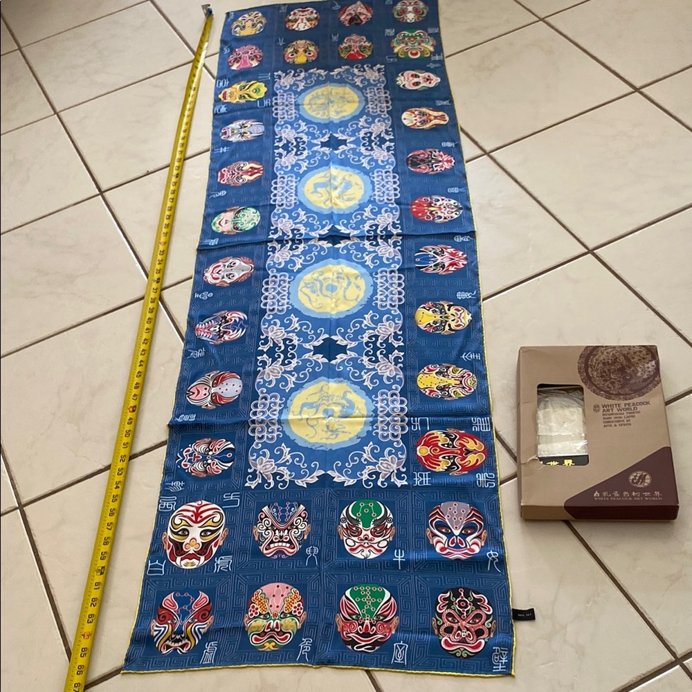 Blue Silk Scarf with Colorful Mask Patterns
